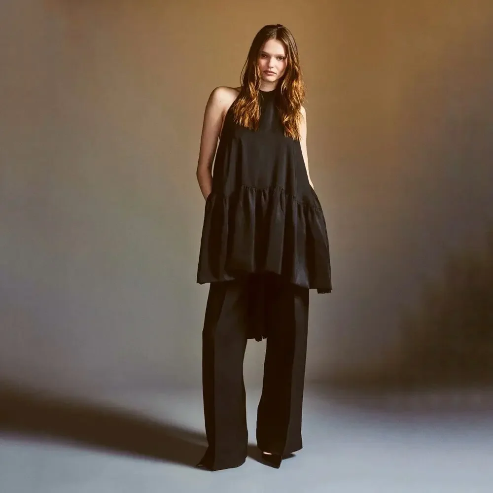 AZEEZA Winston Raw Silk Mini Dress Black High Low Halter Cocktail Party Size S - Picture 12 of 13